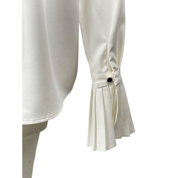 Commense Womens White Long Bell Sleeve Pleated Button Up Blouse Shirt Top Size S - Picture 3 of 5
